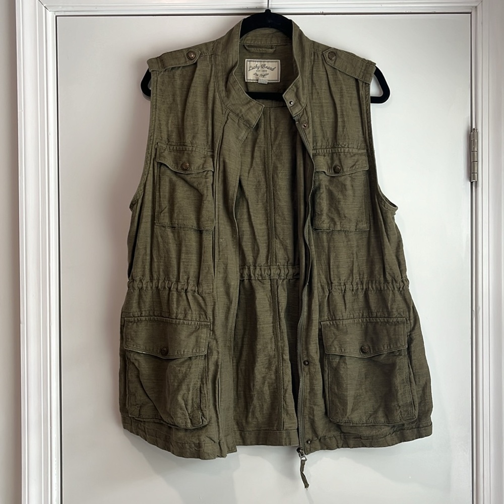 Lucky Brand Olive Green Linen Cotton Blend Vest Size Large